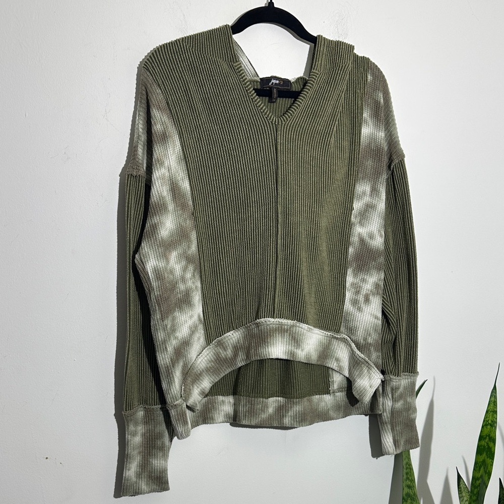 Olive and White Women's Ribbed Hoodie